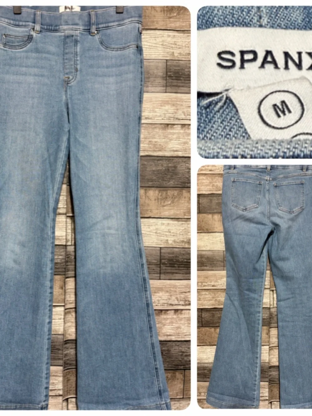 Spanx Pull On Flare Jeans Women’s M Blue Light Wash Stretch Denim (Inseam 33)
